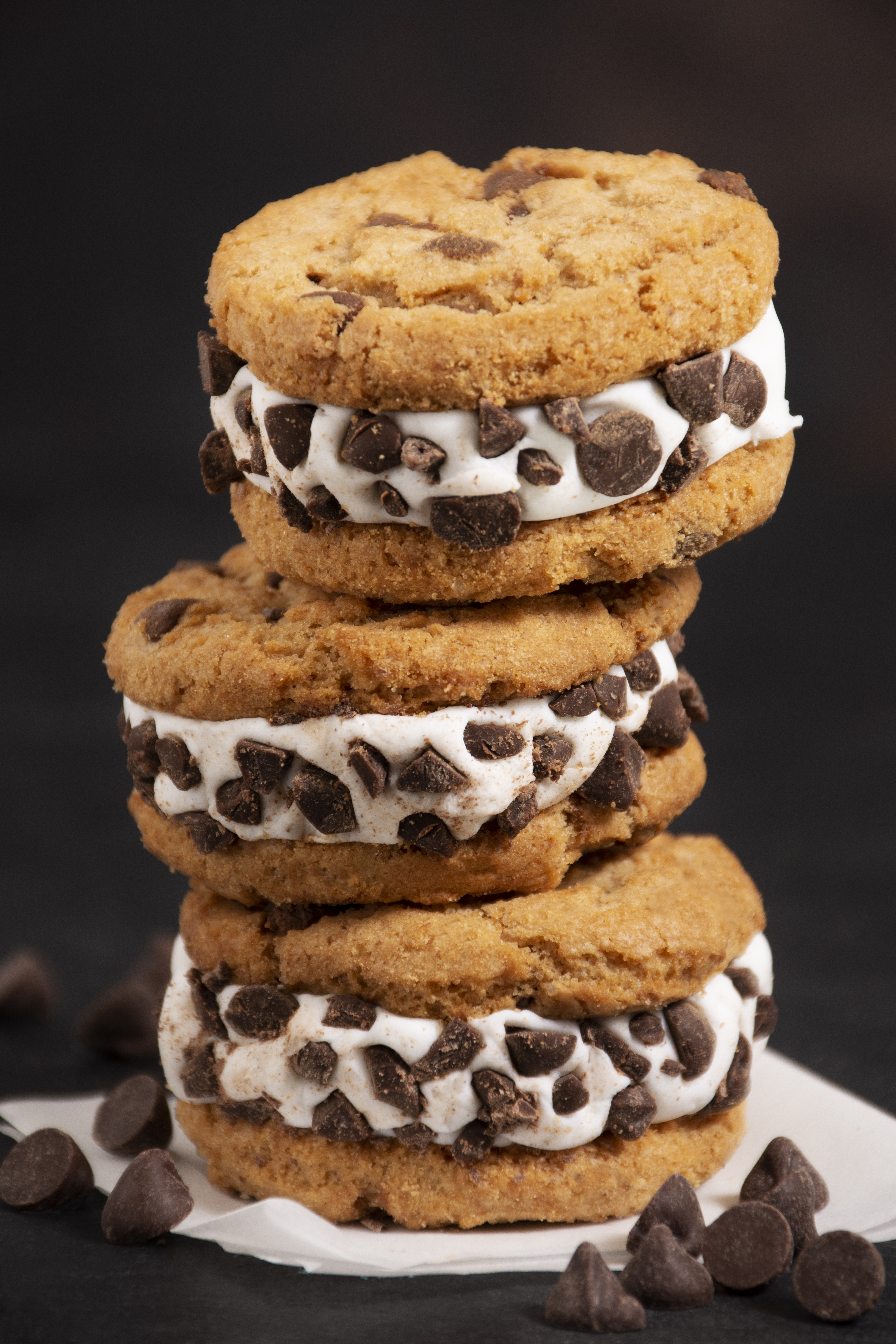 Delicious selection of chcolate chip sandwiched filled cookies filled with cream